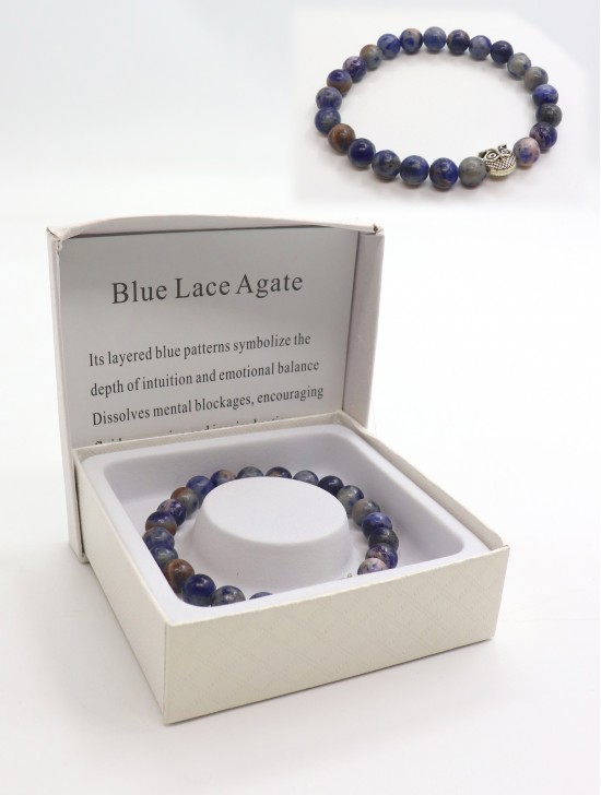 Blue Lace Agate Blessing Bead Bracelets with Gift Box. 